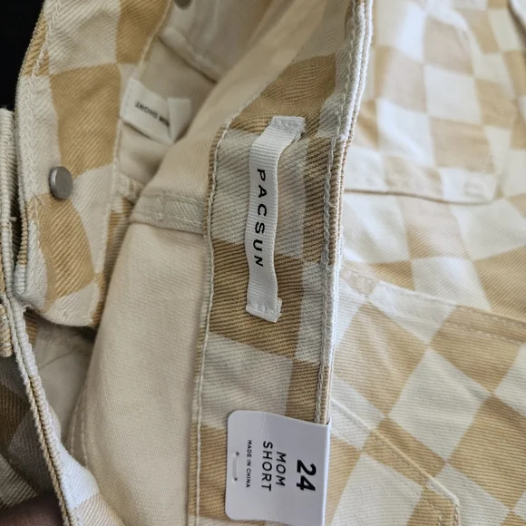 NWT PACSUN Tan Checkerboard Denim Mom Shorts Cuffed Hem 24 0 XS - Picture 7 of 7